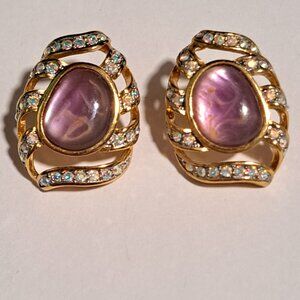 Vintage Butler earrings purple and gold colors with diamond like stones